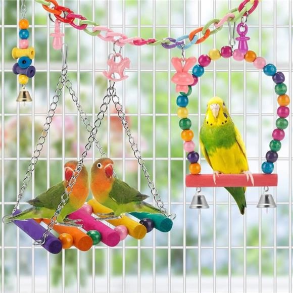 Bird Parakeet Toys,Swing Hanging Standing Chewing Toy Hammock Climbing Ladder - Picture 4 of 6